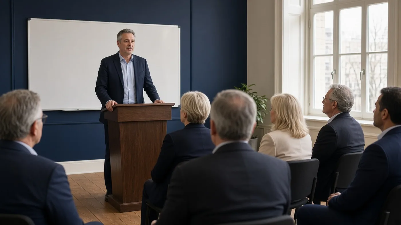 Frank van Dijk leidt een executive spreken masterclass voor leiders in een Utrechts trainingslokaal aan de Maliebaan