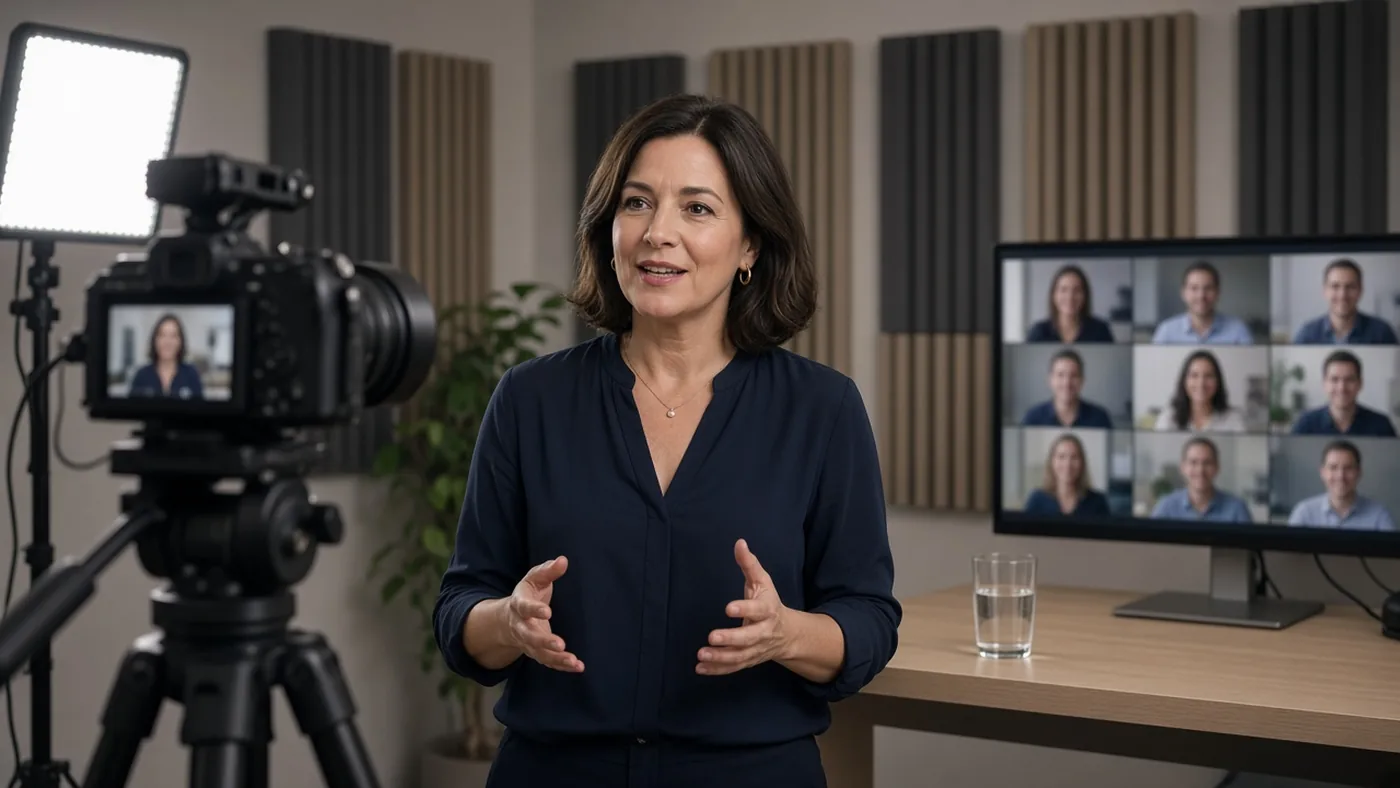 Hybride presentatietraining voor camera en vergaderscherm in een Utrechts studiokaal