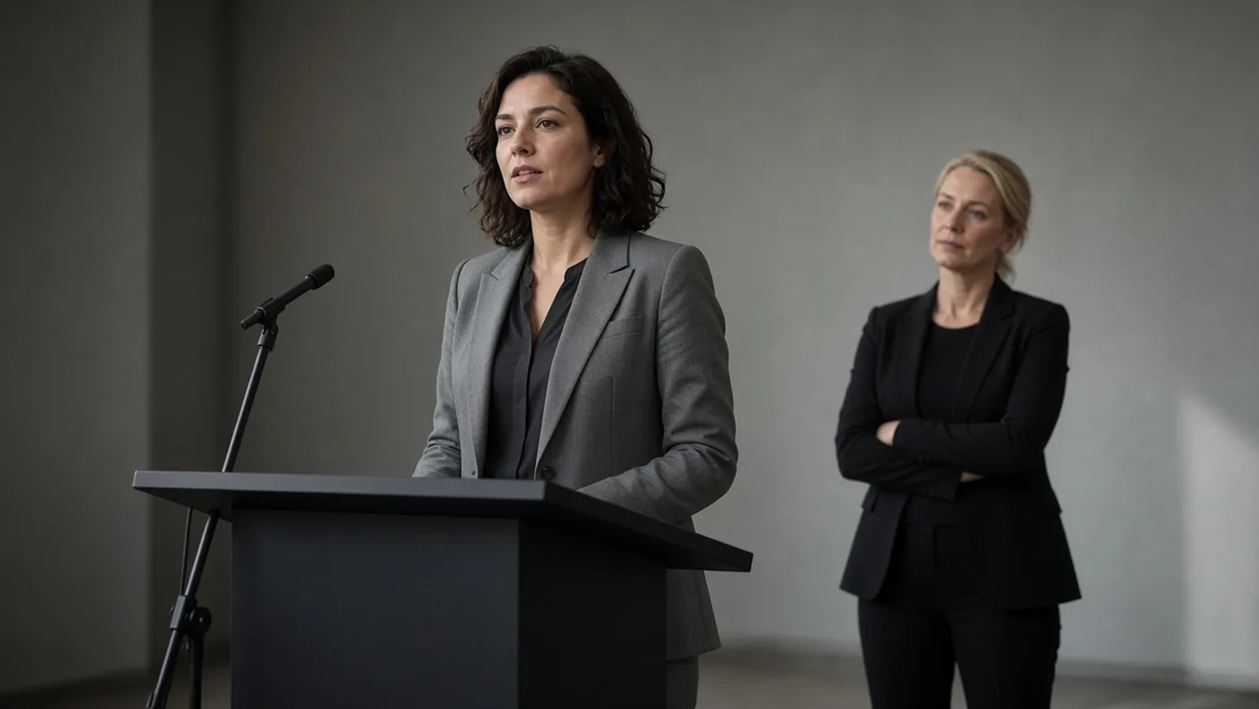 Vrouwelijke leidinggevende oefent stem en houding aan een spreekgestoelte in een Utrechts studiokaal